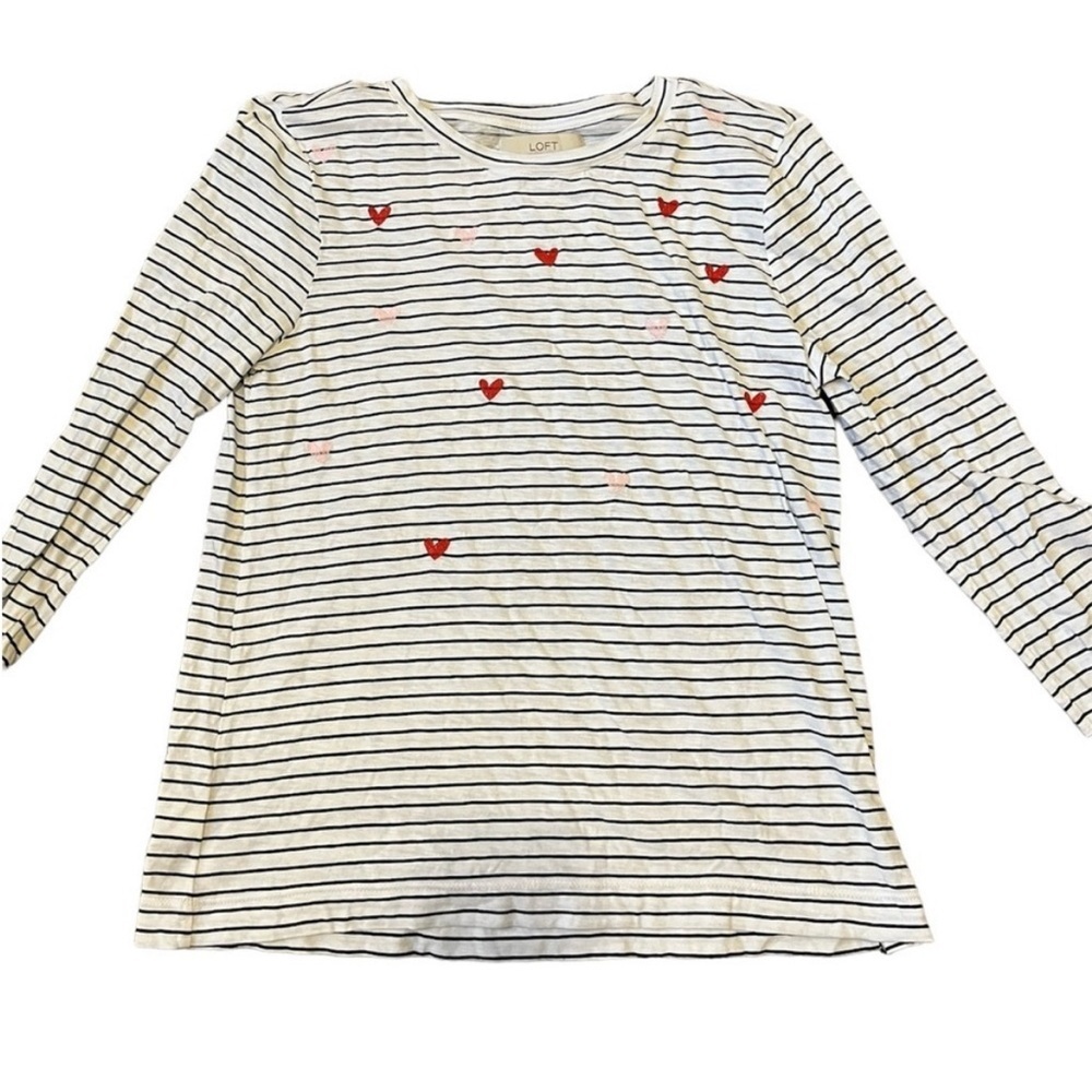 Loft Women's Striped Embroidered Hearts Long Sleeve Shirt